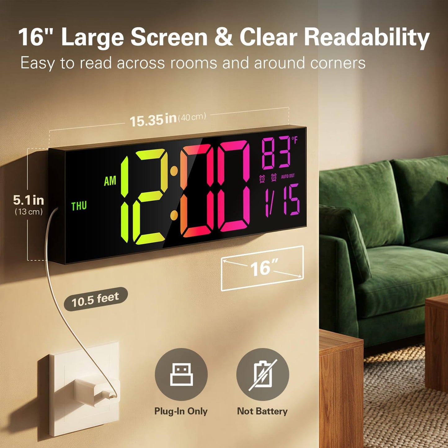 JALL 16" Large Digital Wall Mount Clock, Count Down Timer, Alarm, Big LED, RGB Color, DST, Temperature for Living Room Classroom Desk, Xmas, Birthday Gift for Senior Mom Dad (Black, 16 inches)