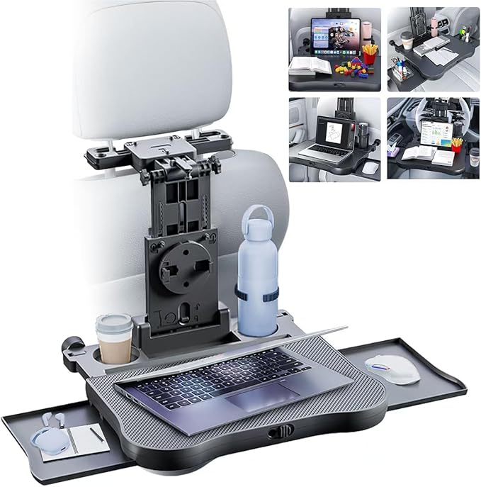 Portable Car Seat Tray Table, Car Backseat Table, Adjustable Seat Back Laptop Desk Foldable Telescopic Auto Backseat Food Trays Desk with Phone Drink Holder for Working Writing Traveling