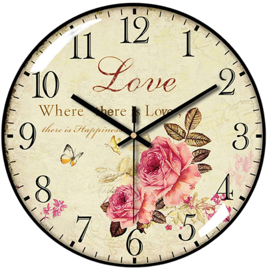 Decorative Wall Clock Battery Operated, 12-Inch Retro Vintage Floral Butterfly Pattern, Glass Dial, Silent Non-Ticking, Roman Numerals, for Living Room Bedroom Office