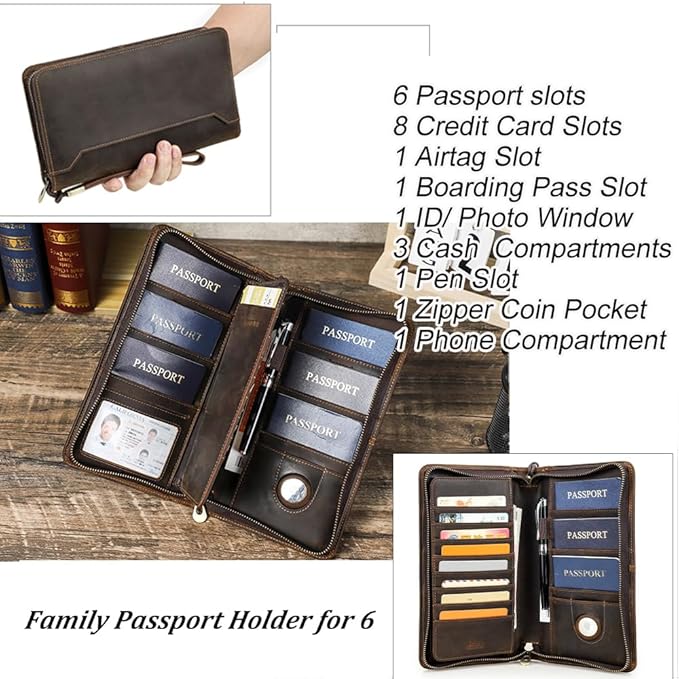 CONTACTS Full Grain Leather Family Passport Holder for 6 Travel Airtag Passport Wallet RFID Blocking Passports Organizer 3 Layer Design Fit 6 Passports, 8 Cards