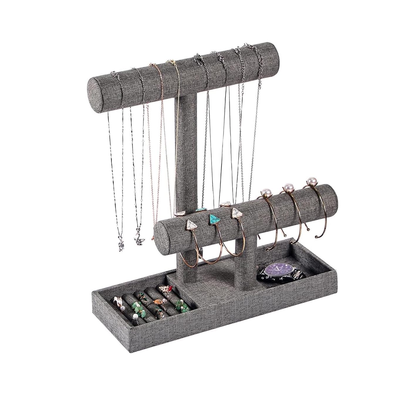 Coward 2 Tier Necklace Bracelet Holder Organizer with Ring Tray, Linen Jewelry Display Stand for Watch Scrunchie Lipstick, Perfumes,Nail polish (Gray Linen)