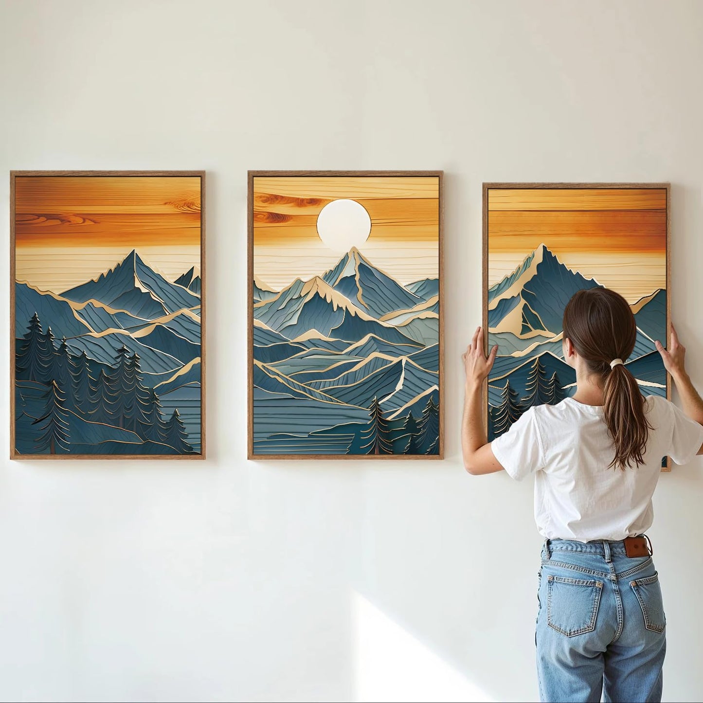 Tinonedraw Large Mountains Framed Canvas Wall Art Set of 3, Boho Nature Woodcut Forest Art Prints, Mid Century Modern Wall Decor, Sunset Landscape Art Paintings for Living Room Bedroom Office 24"x36"