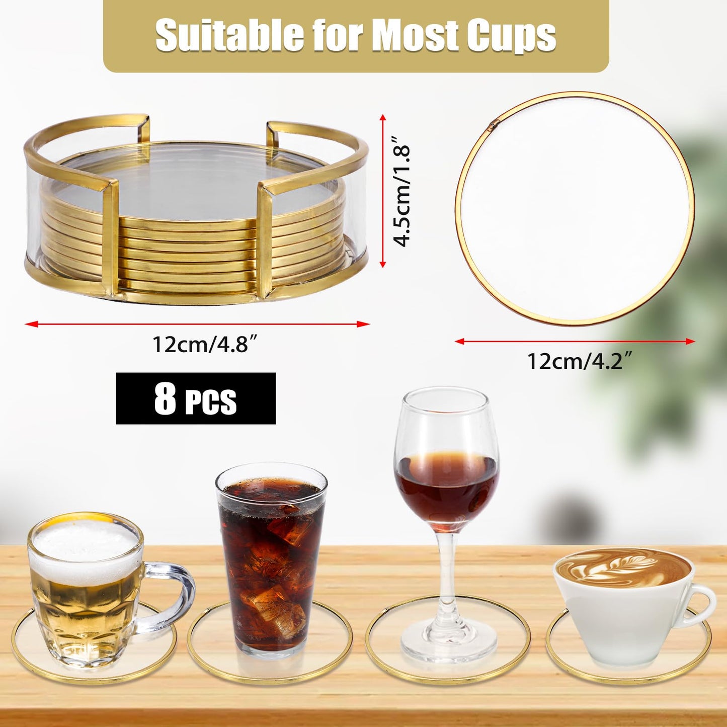 OGANAZI Glass Coaster Set of 8 Drink Coasters with Holder, Gold Brass-Coated Glass Coasters for Drinks, Round Cup Mats Coffee Table Décor for Kitchen, Living Room, Bar, Office, Patio, 4 Inches