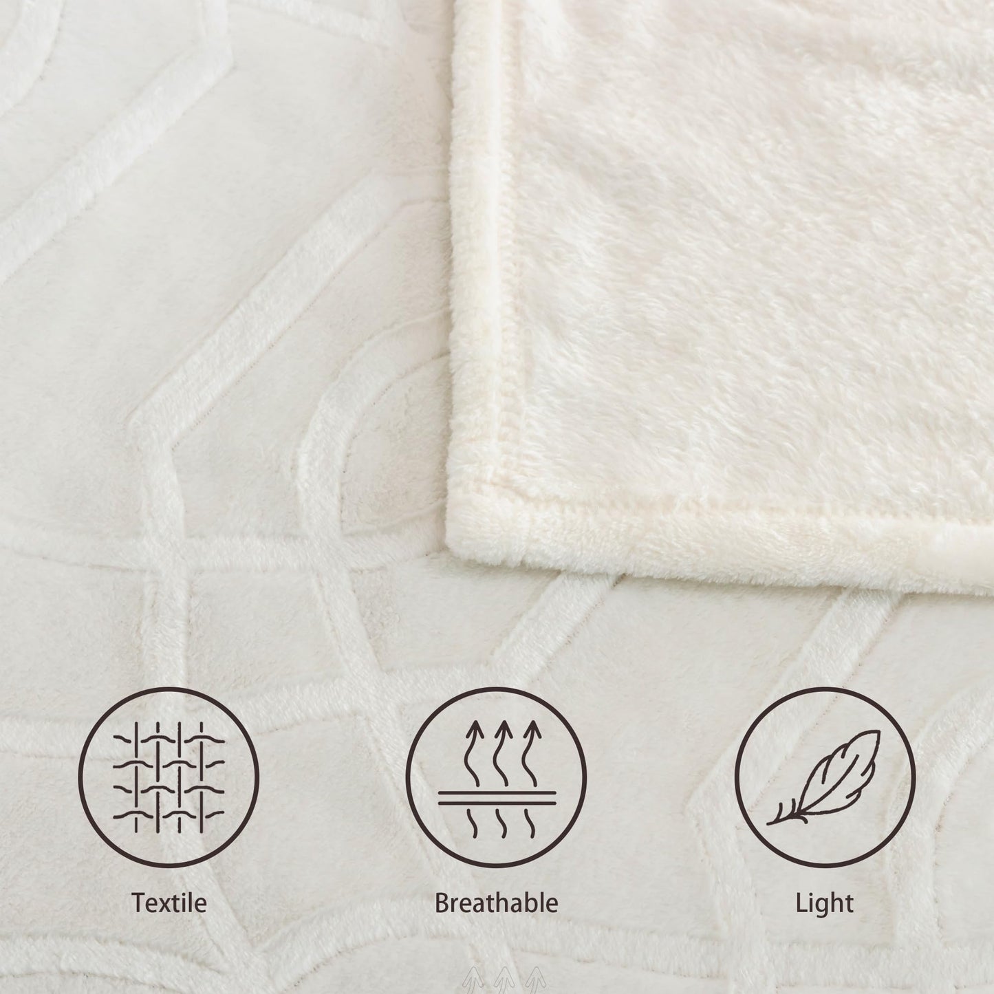 Serenhom Soft Cozy Fleece Queen Size Blanket, 90x90 Inches – Lightweight Plush Blanket for Bed, Fuzzy 3D Jacquard Design - Ivory White