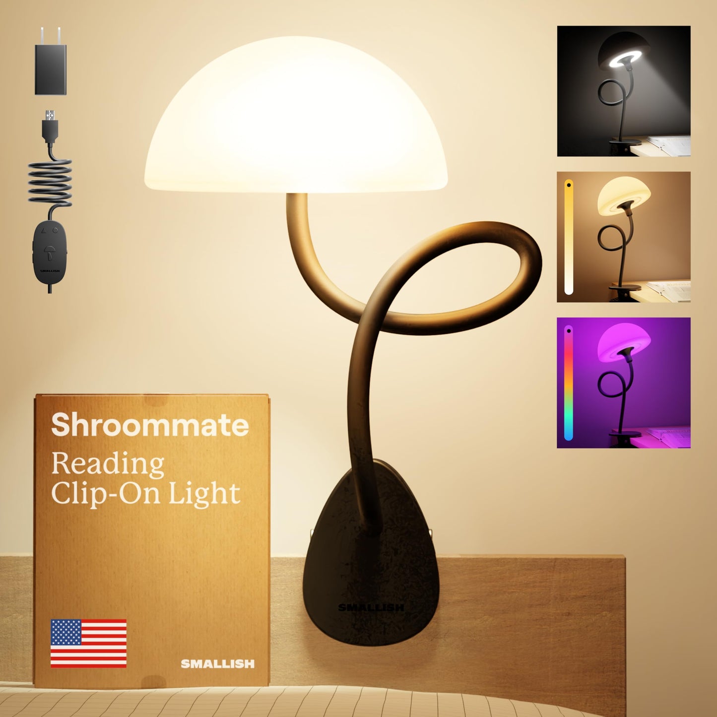 Shroommate Dorm Room Essential Clip On Bed Light - Headboard and Bedside Table Lamp, Flexible Reading Lamp, Night Light for Kids Nursery, Clip on for Desk, MultiColor LEDs, Adapter Included (Black)