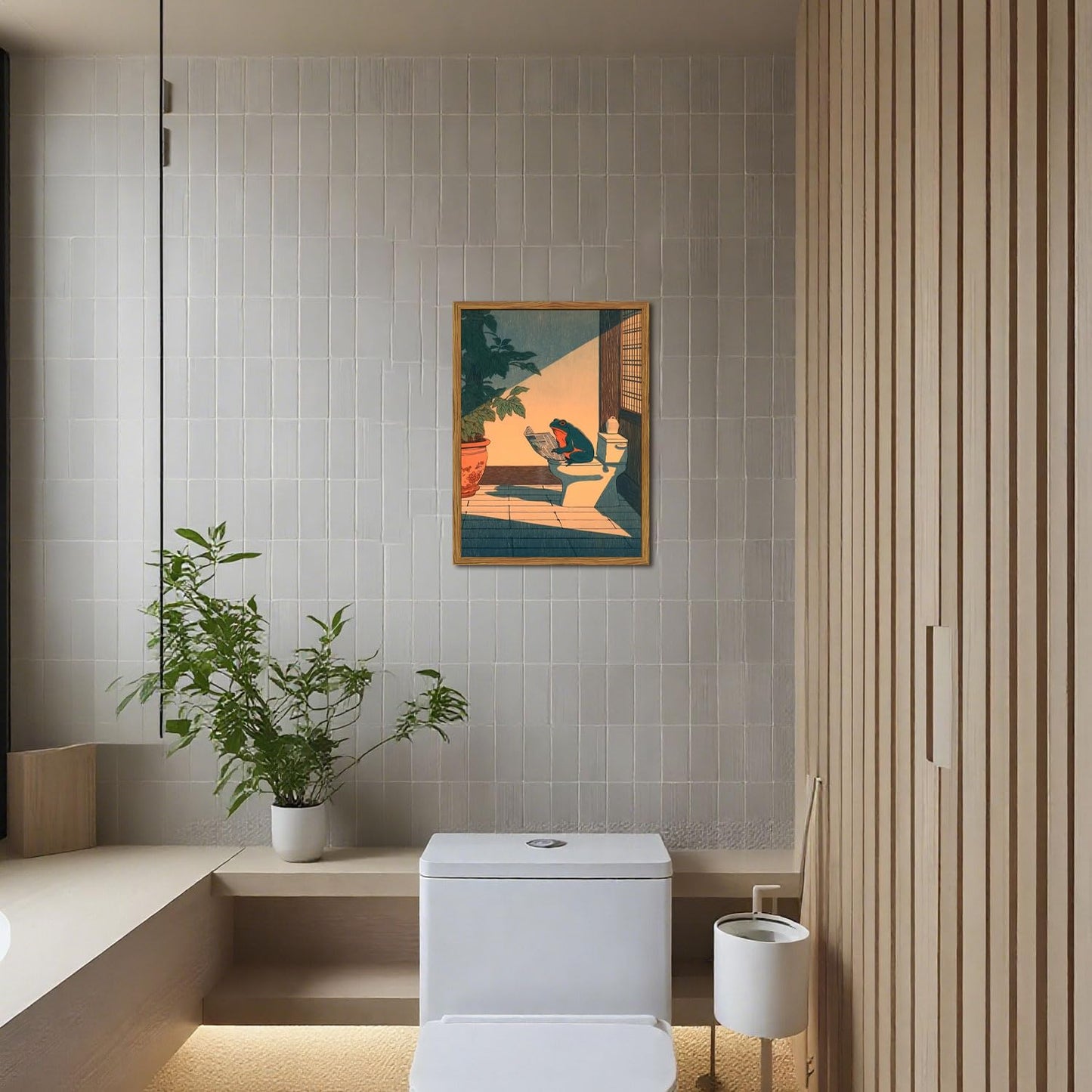 Funny Frog Bathroom Wall Art, Cute Japanese Frog in Toilet Wall Decor, Whimsical Green Animal Restroom Poster Canvas Painting Prints Artwork 12x16 inch Framed