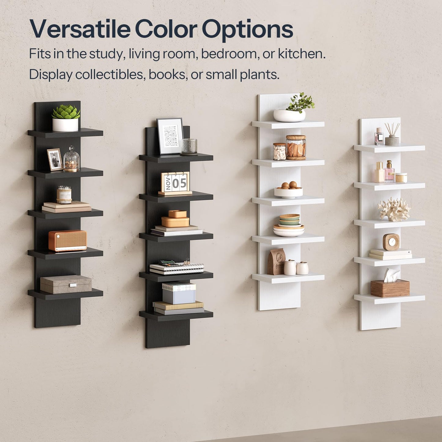 HOOBRO 5 Tier Wall Shelf Unit, 2 Pack Floating Shelves for Wall, Wall Mounted Shelves for Storage, Vertical Display Shelf, Organizer Tall Tower Design for Livingroom Bedroom Kitchen, Black BK18BJP201