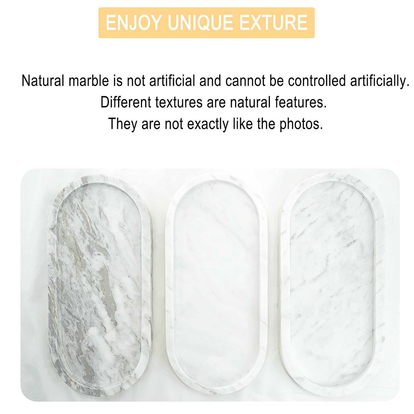 WORHE Natural Marble Vanity Tray Waterproof Italy Stone Bathroom Organizer for Perfume, Candles & Jewelry Non-Slip Oval Storage Tray for Spa, Bedroom, Kitchen 9.8" x 4.5" White (BH101)