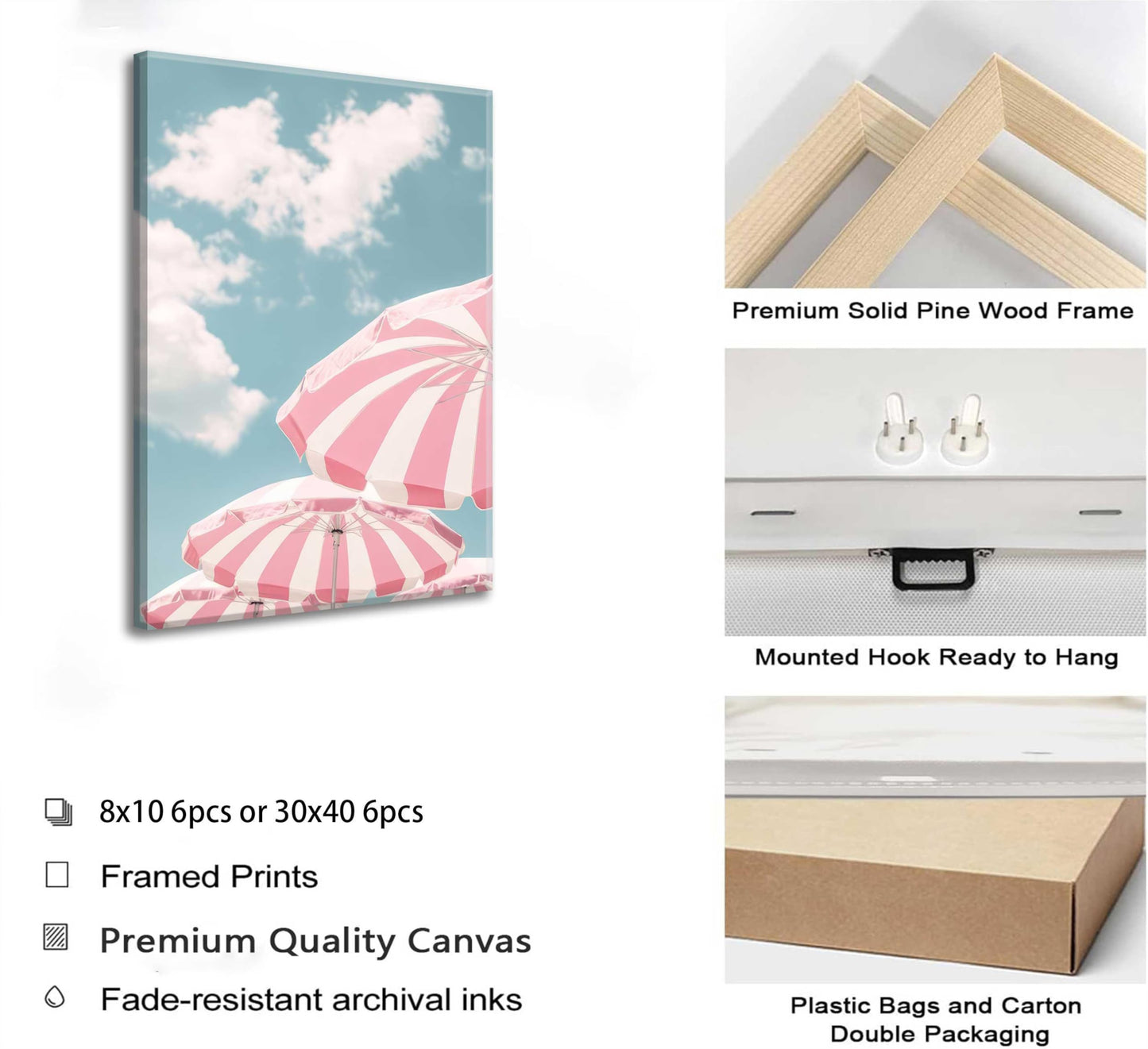 6Pcs Pink Summer Beachy Wall Art Fresh Pink Tropical Ocean Art Print Beach Chairs Starfish Surfboard Palm Tree Wall Decor Retro Coastal Canvas Picture Bus Van Canvas Painting for Bedroom Framed