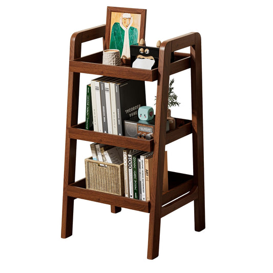 Grewood 100% Solid Wood 3-Tiers Ladder Shelf, Small Bookcase, Ladder Bookshelf, End/Side Table for Living Room, Display Storage Open Shelf for Bedroom Kitchen Bathroom (Walnut Color)