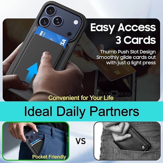 Ntwinro Magnetic for iPhone 17 Pro Max Case (Compatible with MagSafe) with Detachable Wallet & Card Holder for 3 Cards [RFID Blocking] Military Grade Protective Slim Phone Cover, Black