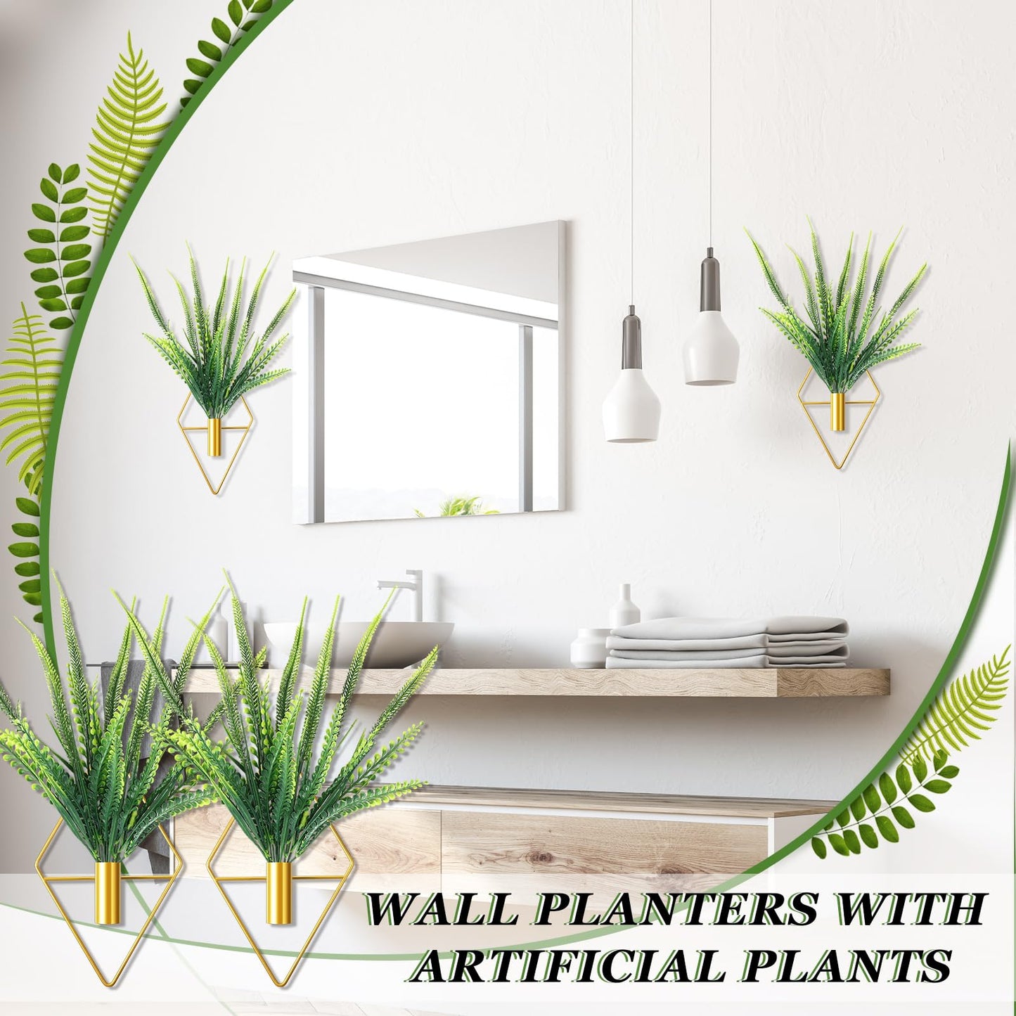 Canlierr 2 Pieces Gold Wall Decor Hanging Planters with Artificial Plants Metal Vase Indoor Plants Holder Modern Geometric Wall Art for Home Bathroom Bedroom Living Room Office(Boston Fern,Large)
