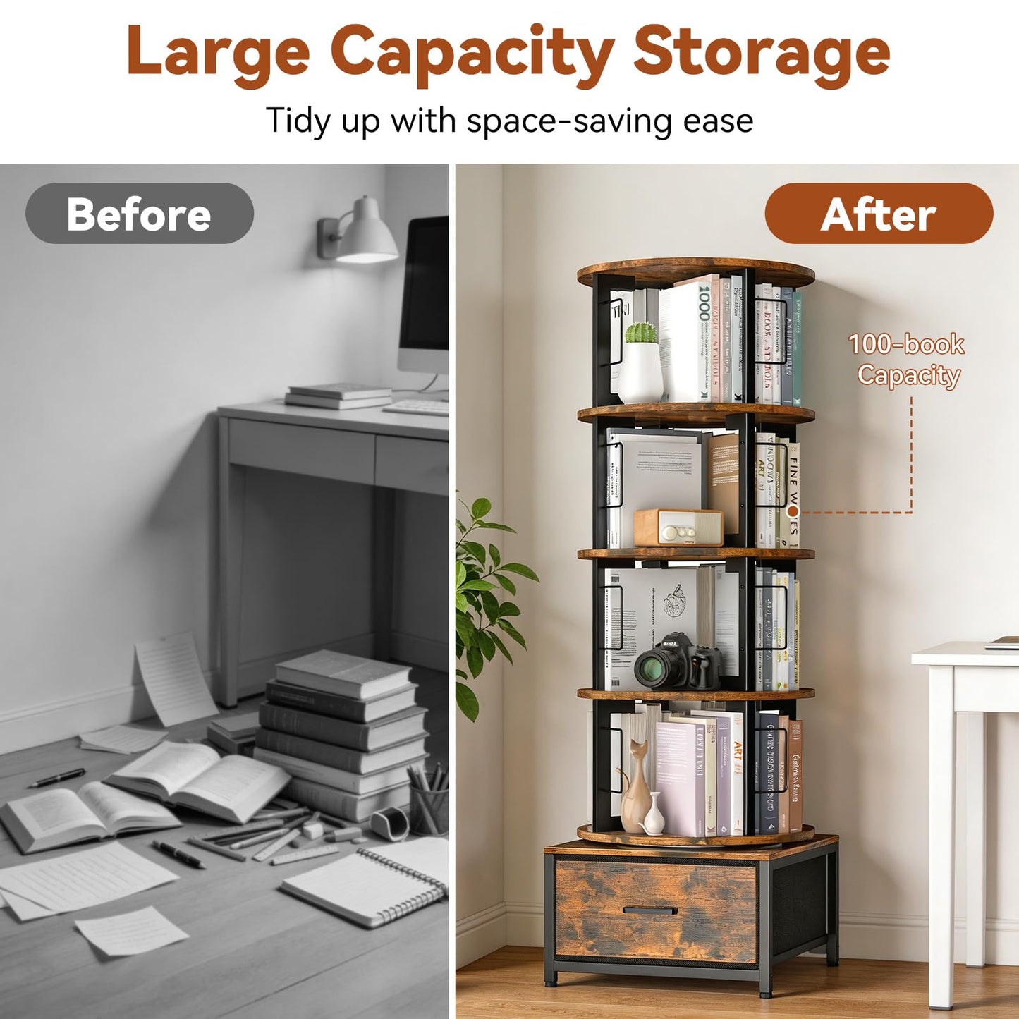Housolution 5 Tier Rotating Bookshelf Tower, 360° Spinning Book Shelf with Fabric Drawer, Round Revolving Bookcase Organizer, Narrow Swivel Bookshelves Turning Corner Bookshelf for Small Space, Brown