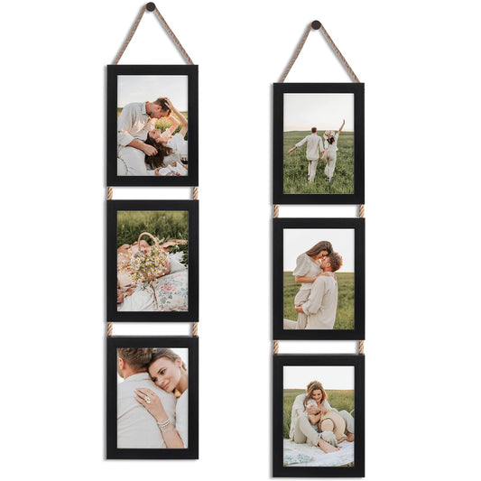 QUTREY 5x7 Collage Picture Frames Black, 6 Openings Vertical Hanging Photo Frame Set Display 5 by 7 inch Pictures for Wall Decor, 2 Pack