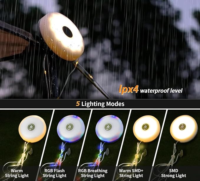 2-Pack Camping String Lights | Rechargeable 4 in 1 Quick Storage 32.8FT Tent Lights with 8 Modes | Hanging Waterproof LED Lamp for Outdoor Patio Garden Party | Christmas Holiday Decor - Camping Gear