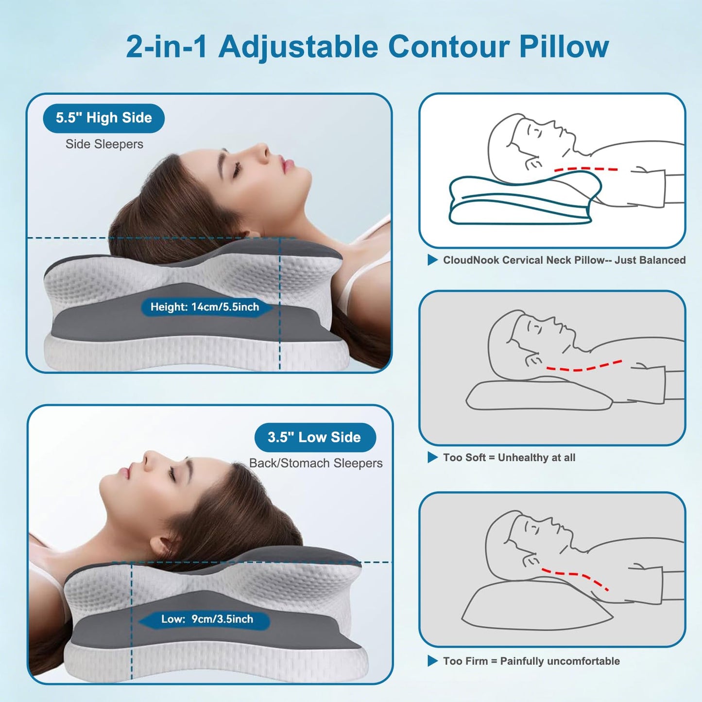 CloudNook Cervical Neck Pillow for Pain Relief, Ergonomic Memory Foam Neck Support Pillow for Sleeping, Cooling Comfort Designed for Side Back Stomach Sleepers