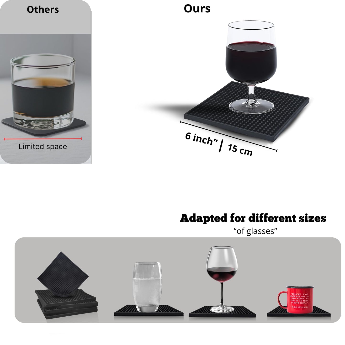 Silicone Coasters Set - 6 Pack - 6 Inch Square Drink Coasters for Coffee Table & Desk - Absorbent & Anti-Slip - Outdoor & Indoor Use