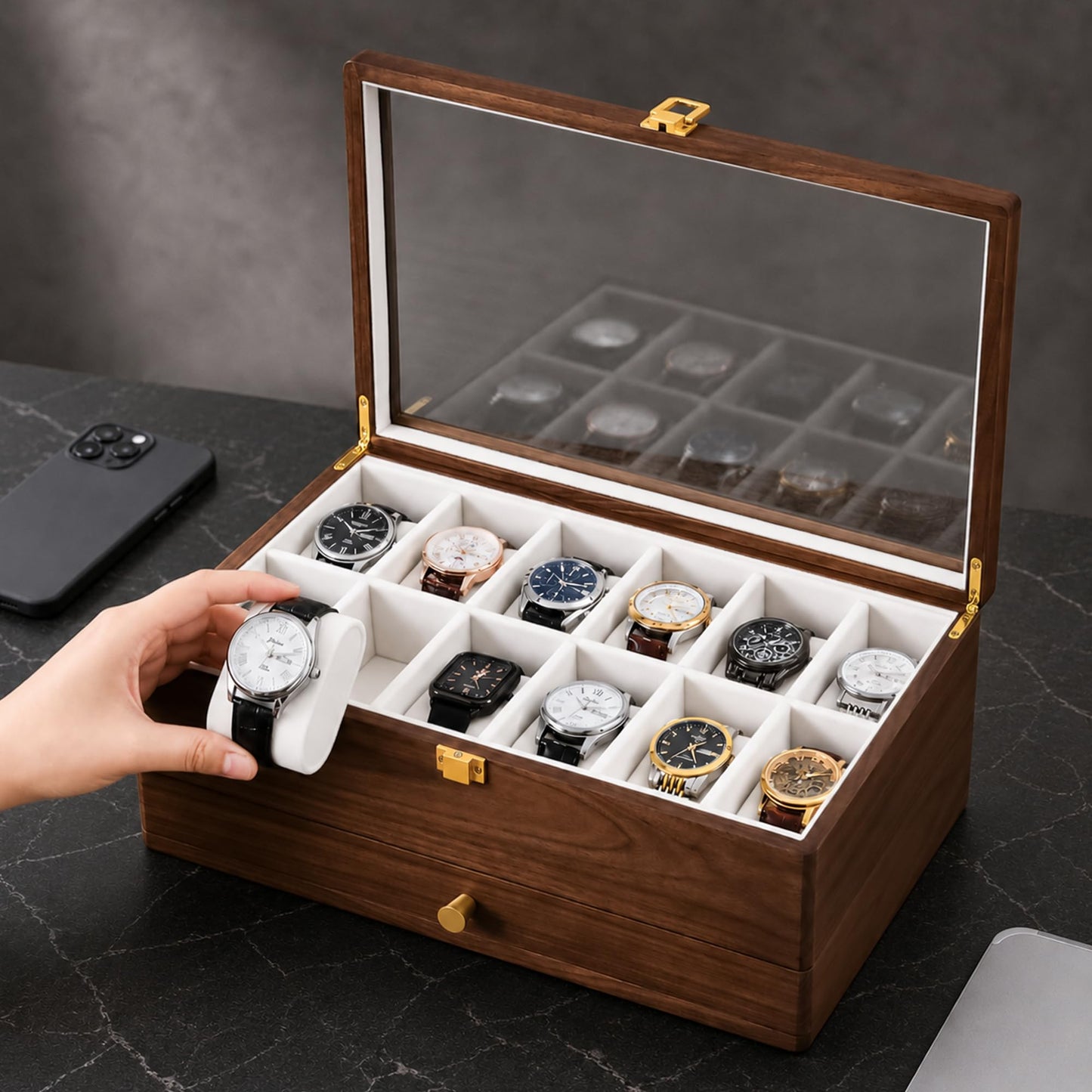 Black Walnut Watch Box for Men, 12 Slot Wooden Watch Organizer with Glass Lid, 2 Layer Watch Display Case with Drawer Jewelry Storage Box, Gift for Husband, Dad, Anniversary, Father’s Day, Women