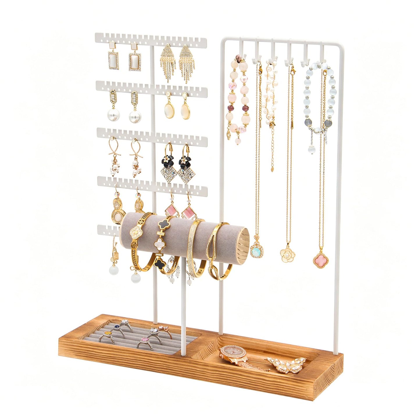 JONKASIPA Jewelry Stand Organizer with Tray, Wooden Base Necklace Rack Tower, Jewelry Display for Rings, Earrings, Bracelets – for Bedroom, Bathroom or Boutique-White