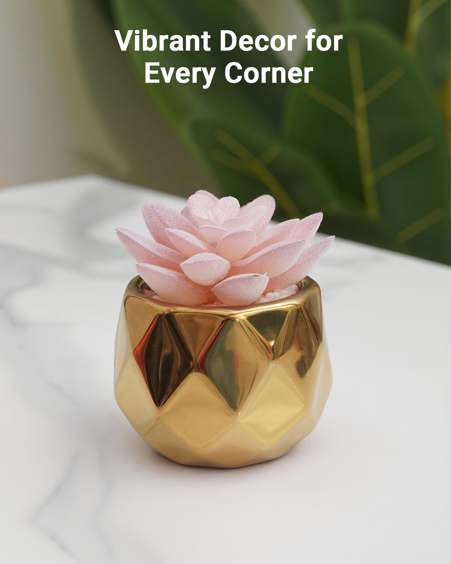 VIVERIE Mini Succulents Plants Artificial in Pots-Pink Succulents with Golden Ceramic, Small Fake Succulents for Home Decor Indoor for Women, White Ceramic Faux Succulents, Gifts for Mom-1 Pack
