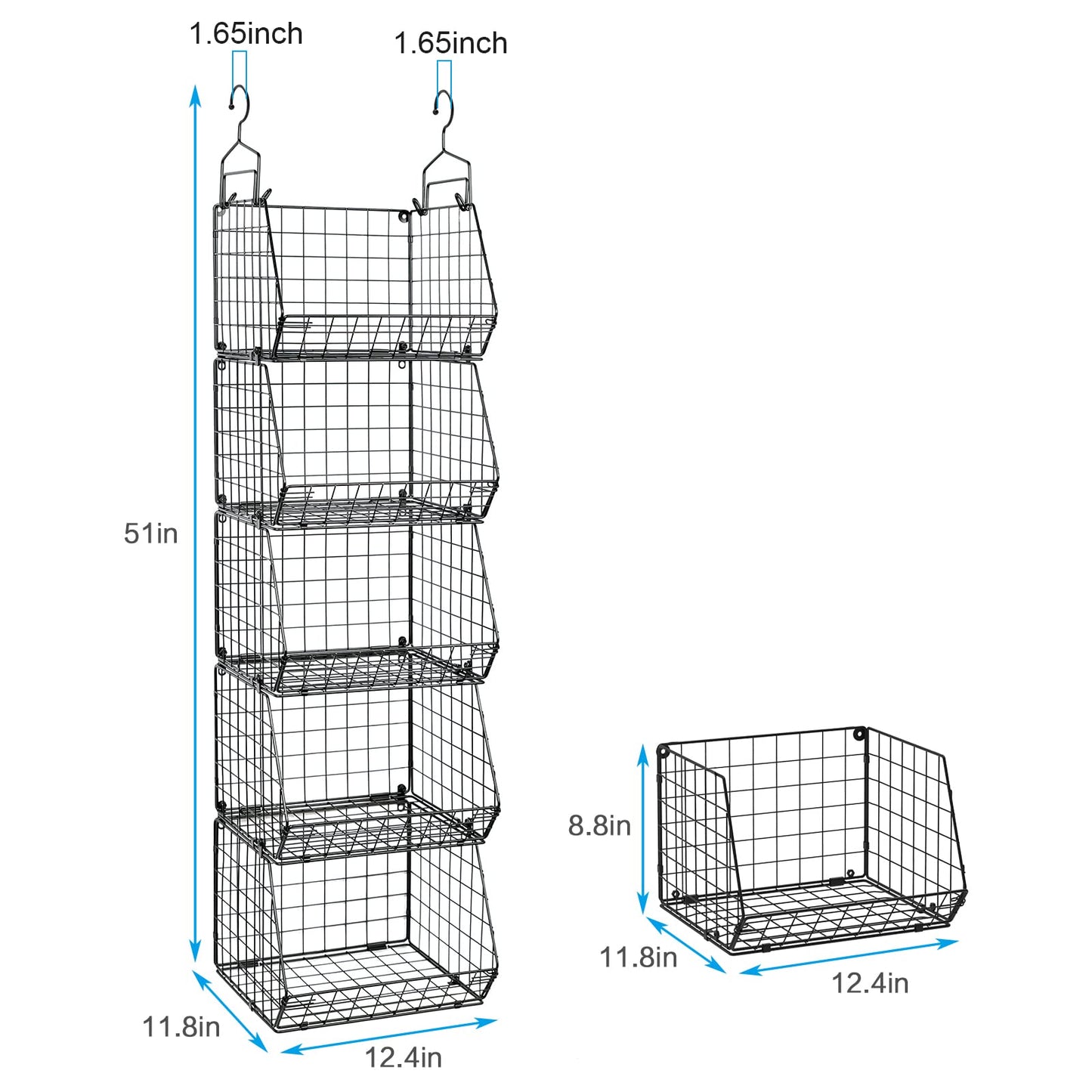 X-cosrack 5 Tier Closet Hanging Organizer, Clothes Hanging Shelves with 4 Hanging Hooks 5 S Hooks, Wire Storage Basket Bins, for Clothing Sweaters Shoes Handbags Clutches Accessories Patent Design