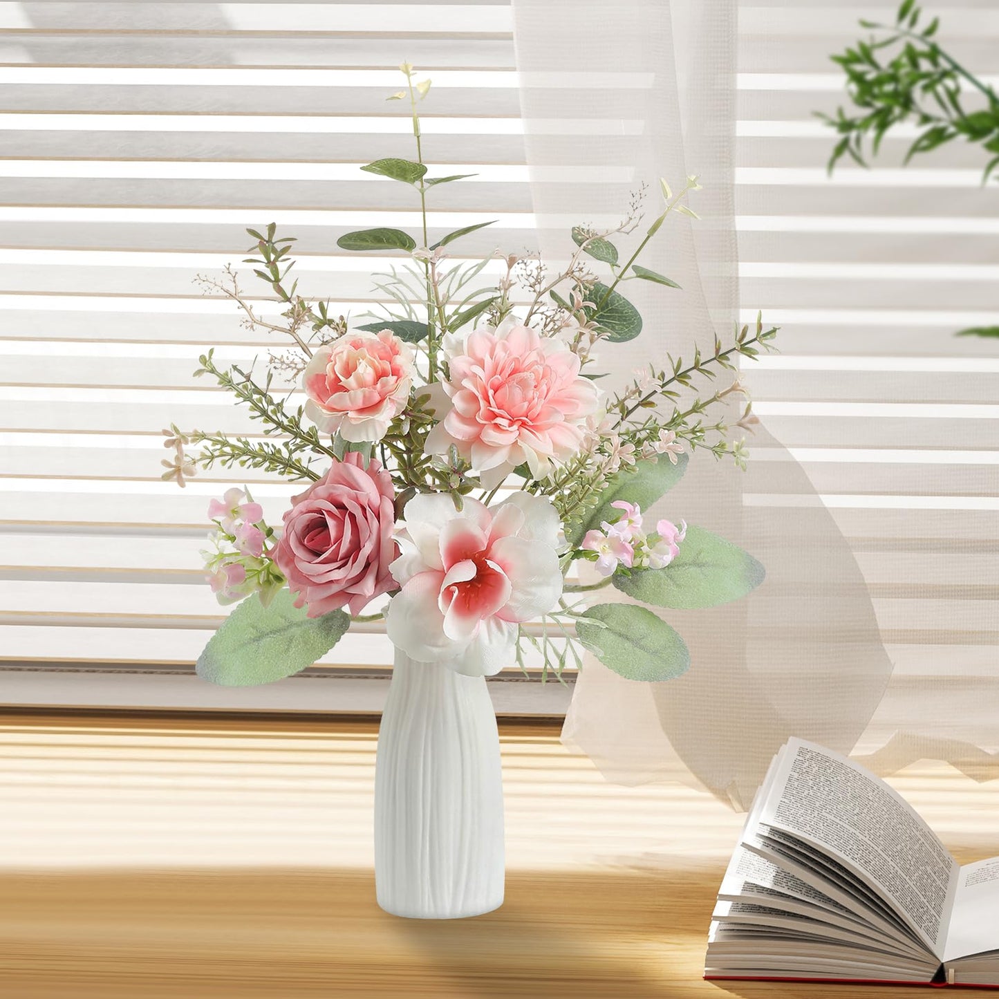 GAATEEK Small 11" Artificial Flowers in Ceramic Vase - Pink Silk Flower Centerpiece for Dining Table, Office, Wedding & Farmhouse, Home Decor Gifts