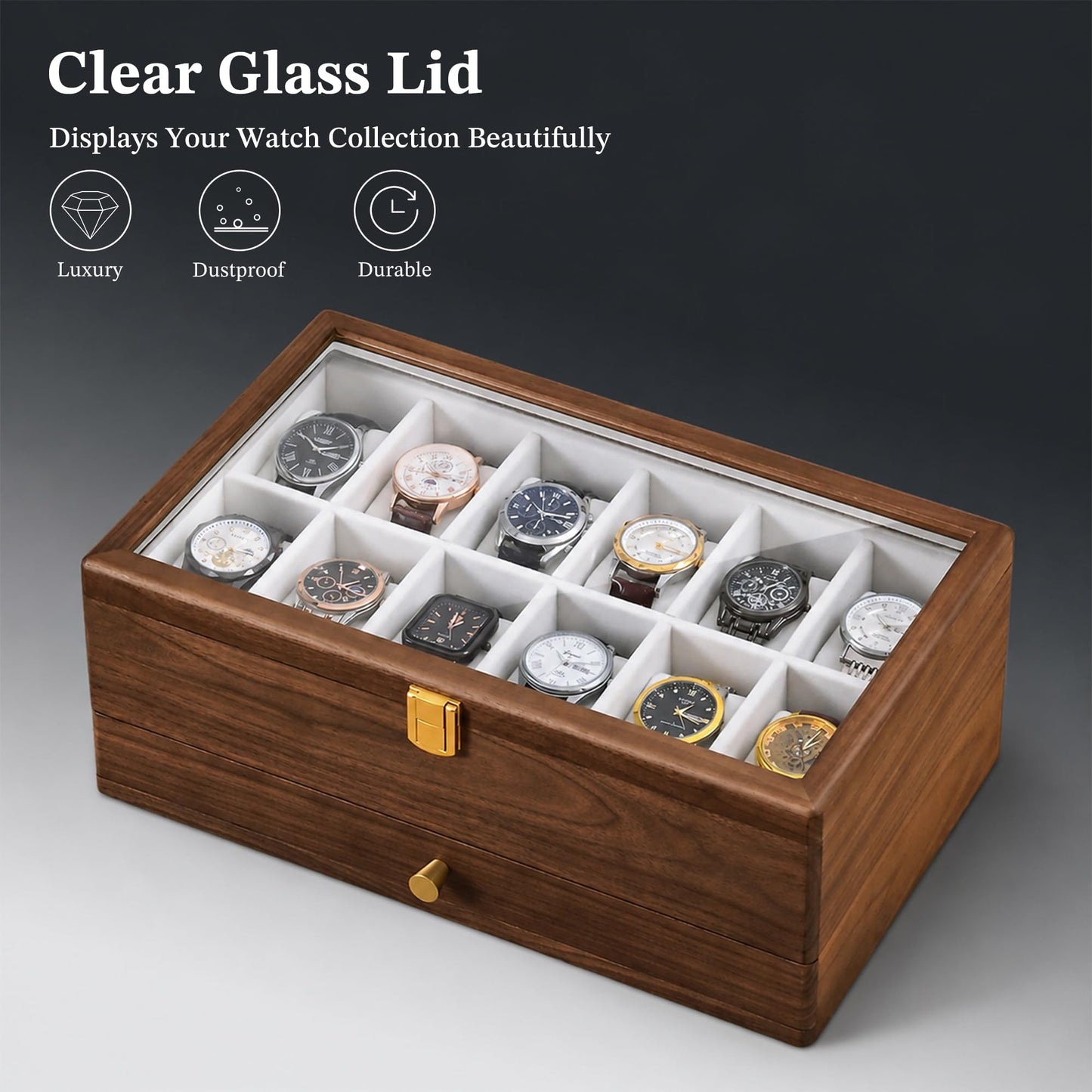 Black Walnut Watch Box for Men, 12 Slot Wooden Watch Organizer with Glass Lid, 2 Layer Watch Display Case with Drawer Jewelry Storage Box, Gift for Husband, Dad, Anniversary, Father’s Day, Women