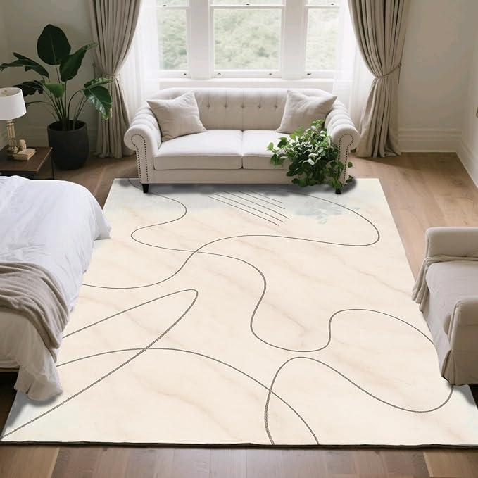 Modern Marble Rug - 5x8 Area Rug, Abstract Line Marble Rugs, Minimalist Geometry Outdoor Rugs, Washable & Non Slip Carpet Home Decor