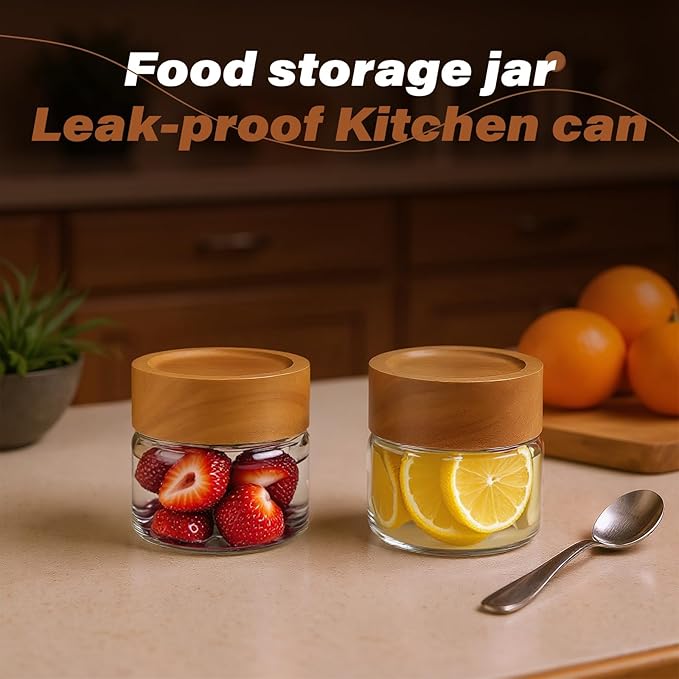 Zoaiirte 2-Pack 4 oz Leakproof Mason Jars with Airtight Acacia Wood Lids - Small Glass Food Storage Containers for Overnight Oats, Spices, Snacks, Kitchen Pantry Organization