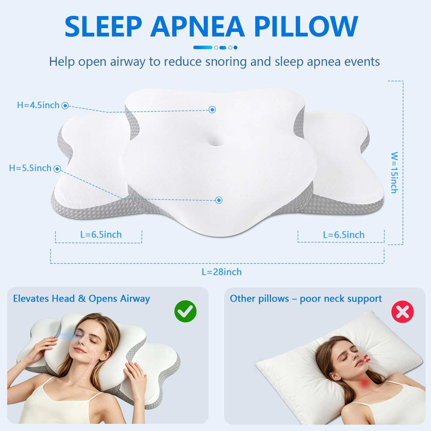 Cervical Neck Pillow for Neck Pain Relief & Side Sleeper | Ergo Pillow for Sleep Apnea, Neck Pain, and Snoring Relief | Orthopedic Memory Foam with Ergonomic Neck Support, White, Large