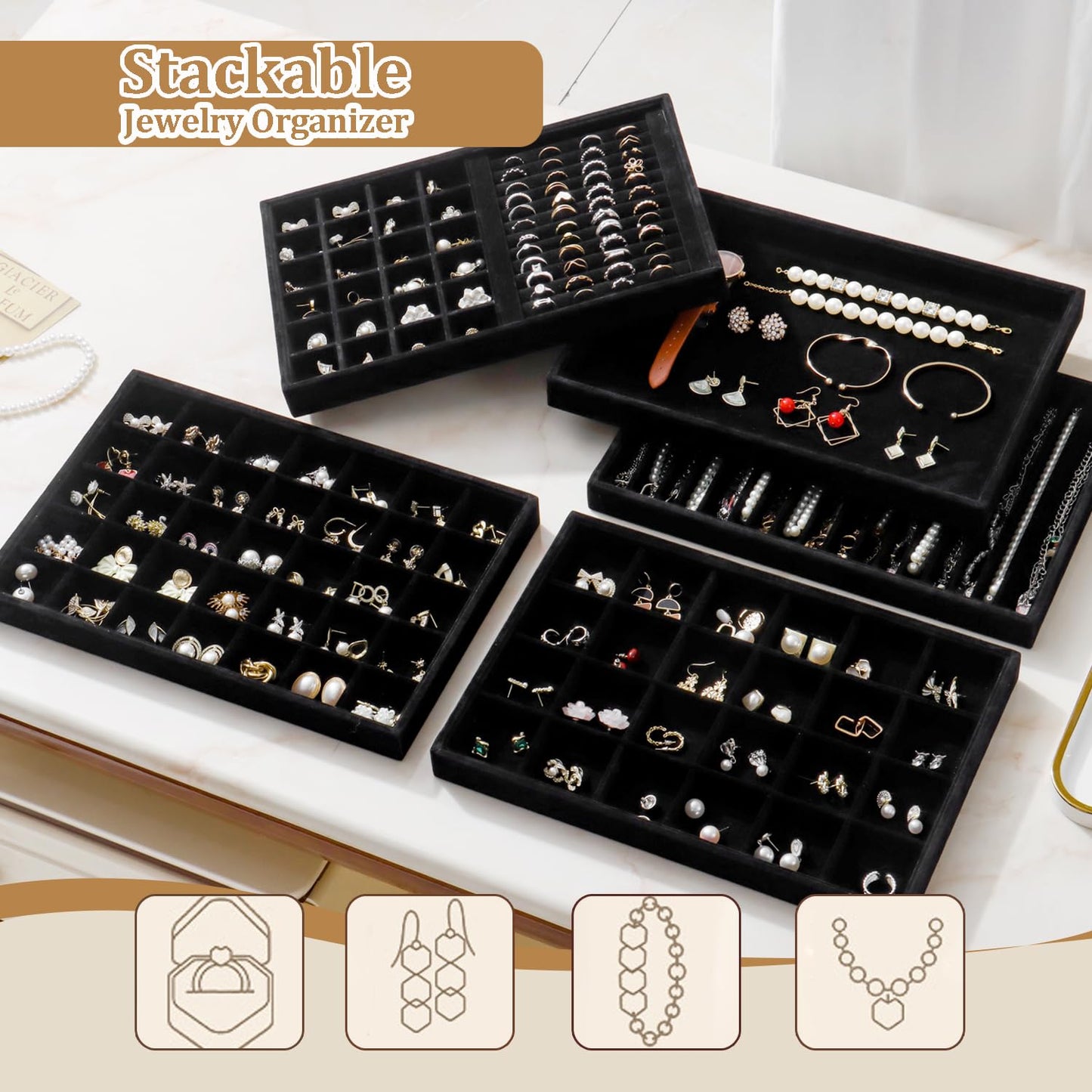 KATISYIO Large Jewelry Organizer for Drawer Insert Velvet Stackable Jewelry Trays for Earring Necklace Bracelet Ring Display (Black, 16 Grids)