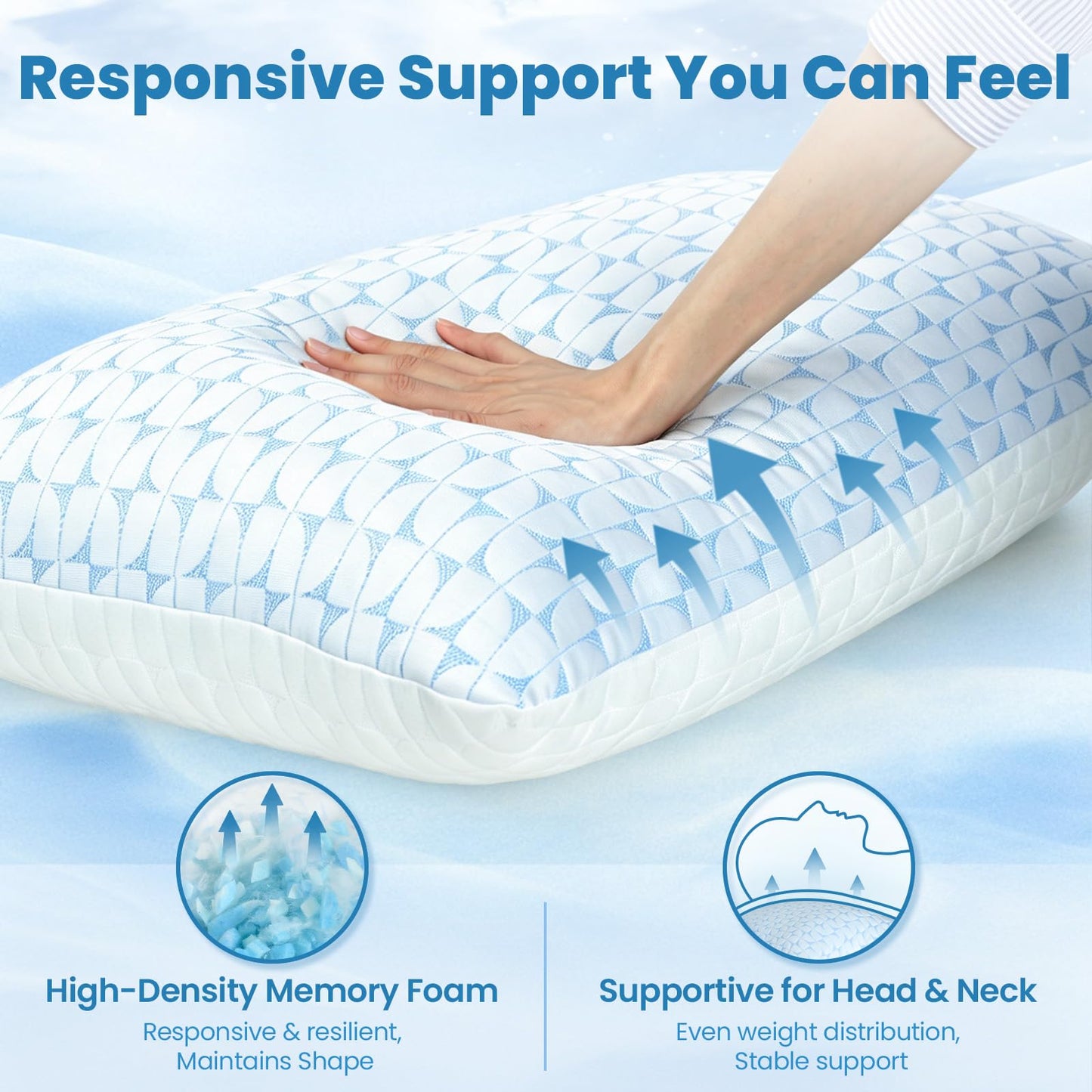 QUTOOL Firm Pillow Shredded Memory Foam, Cooling Pillow for Hot Sleeper, Adjustable Bed Pillow for Side Back Stomach Sleepers, Washable Cover, CertiPUR-US Certified, King Size Set of 2