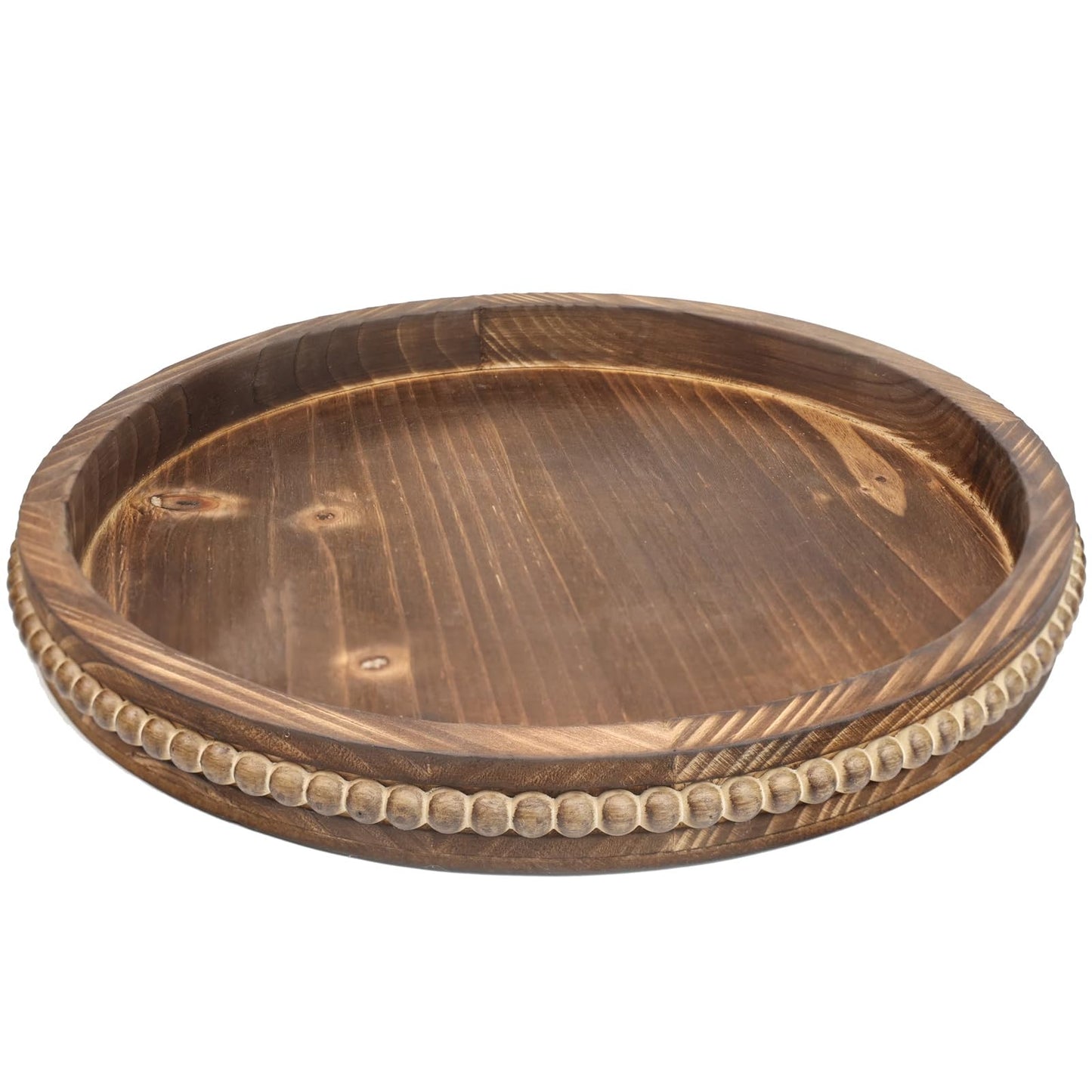 Lnofemin Round Burnt Wood Serving Tray with Beads, Wooden Decorative Tray for Entertaining, Decoration, and Gifting,