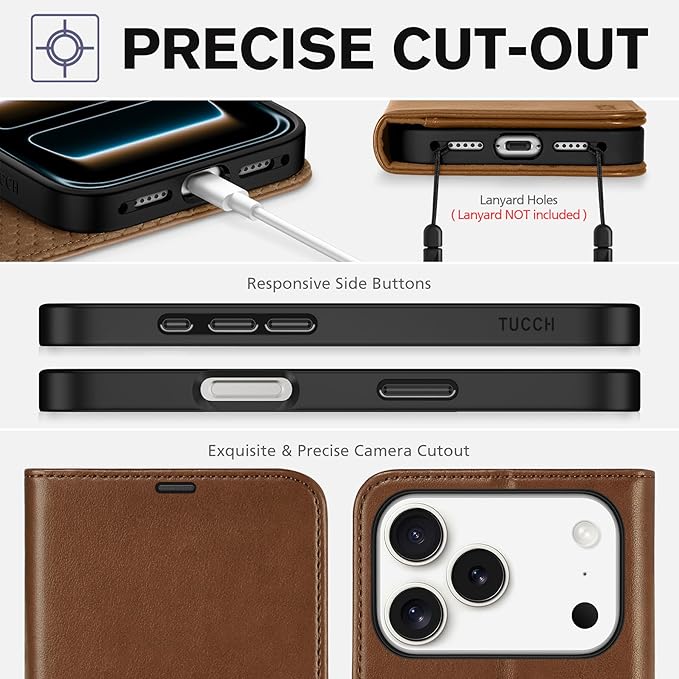 TUCCH Wallet Case for iPhone 17 Pro (6.3") 2025, 4 Card Slots | RFID Blocking | Stand | PU Leather | Magnetic Closure | Protective Flip Folio Cover | Shockproof TPU Shell | Brown
