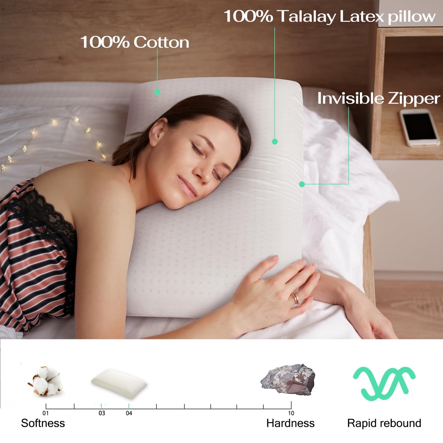 muiuyoe Natural Talalay Latex Pillow, Bed Pillow for Neck Pain Relief, Breathable Cooling Pillow with 100% Cotton Cover, Oeko-TEX Certified Support for Side, Back Sleepers (1, Standard (High Loft))