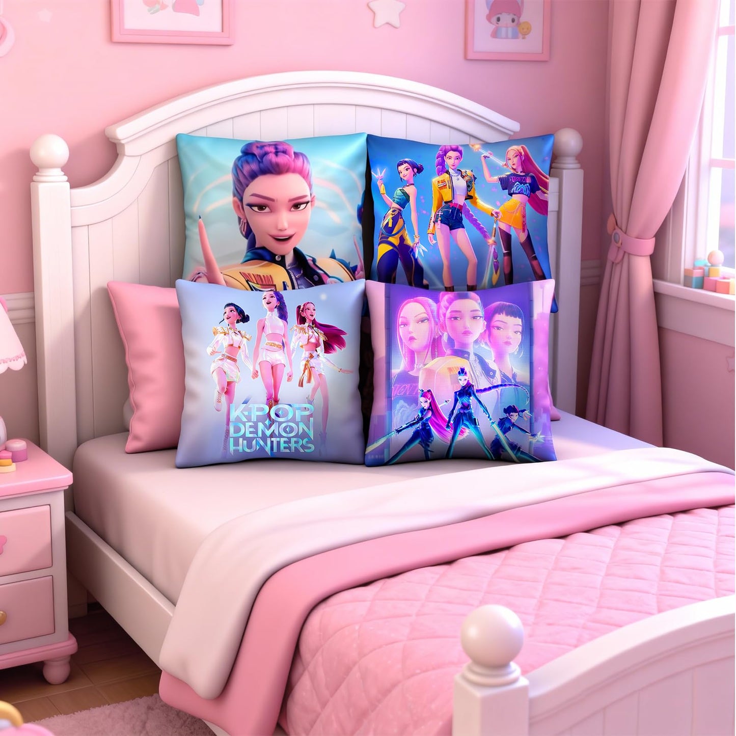 4Pack Demon Hunters Pillow Covers, 18" x 18" 4 Unique Designs, Soft Polyester, Decorative Pillowcases for Home, Fans, Gifts