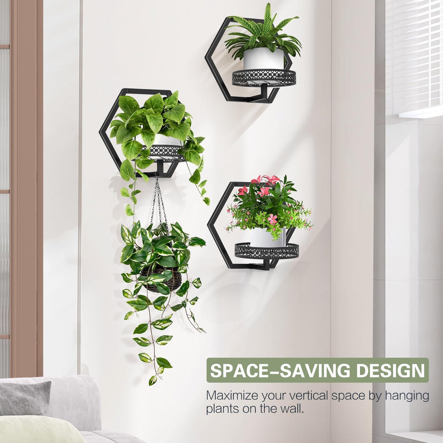 JOPBENG 3 Packs Wall Planters for Indoor Plants, 7.9inch Metal Wall Plant Holder Hanger Wall Decor, Wall-Mounted Hanging Planters Window Plant Shelves Outdoor (Black Openwork)