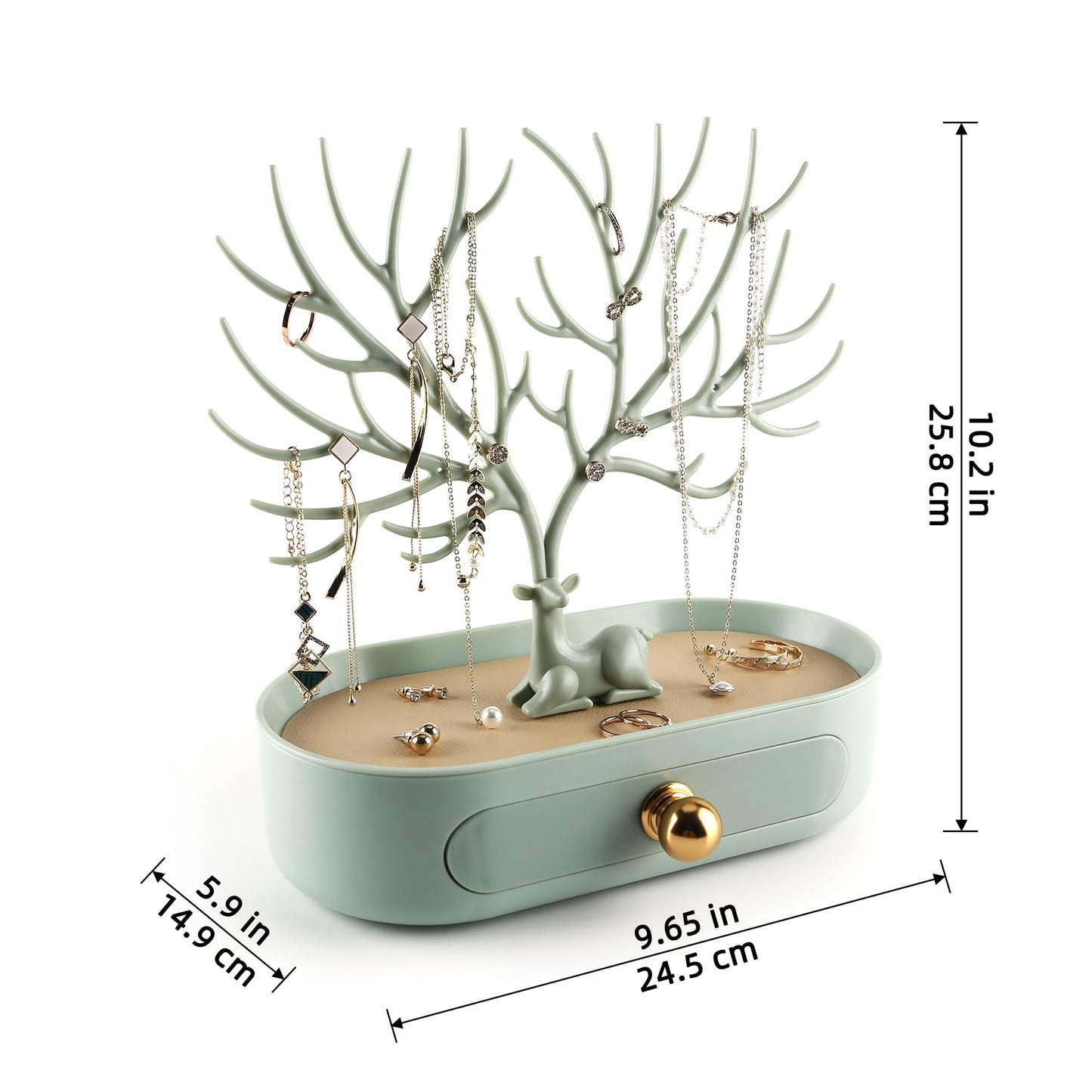 MORE&LESS Antlers Jewelry Display Stand with Aluminium alloy handle, Tree Tower Rack Hanging Organizer for Ring Earrings Necklace Bracelet, Deer Horn Tree Stand with Storage Drawer and Tray