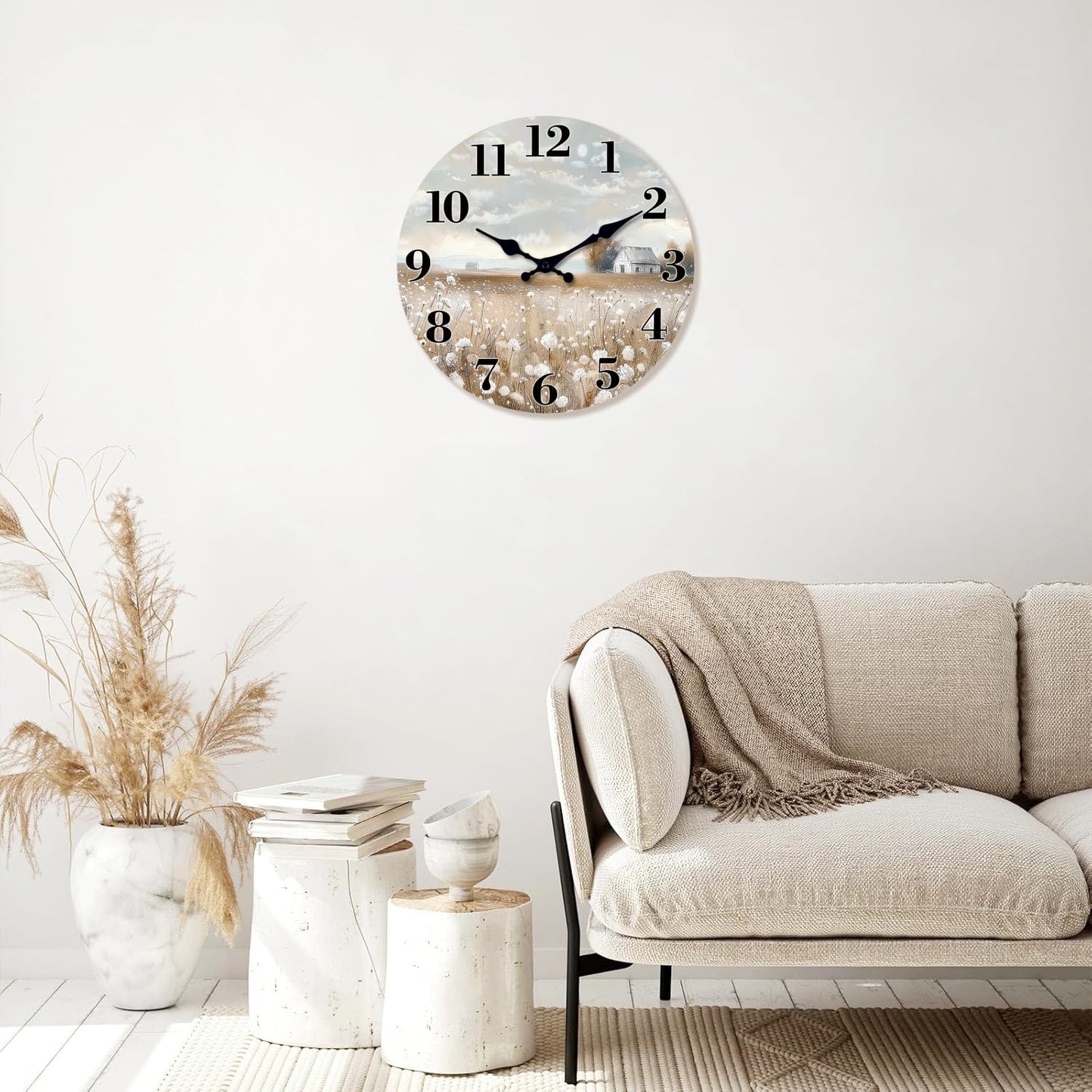 XFM Farmhouse Wall Clock Battery Operated 10 Inch Silent Non-Ticking Wooden Wall Clocks Country Flower Field Clock for Kitchen Living Room Bedroom Decor