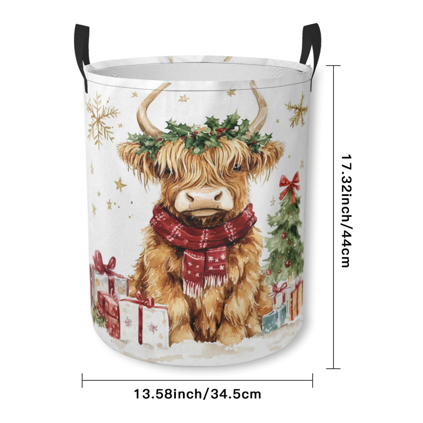 Christmas Highland Cow Laundry Basket Cute Animal Foldable Laundry Hamper with Handles Clothes Storage Bin for Household Bedroom Bathroom Dorms 17.3"x13.6"