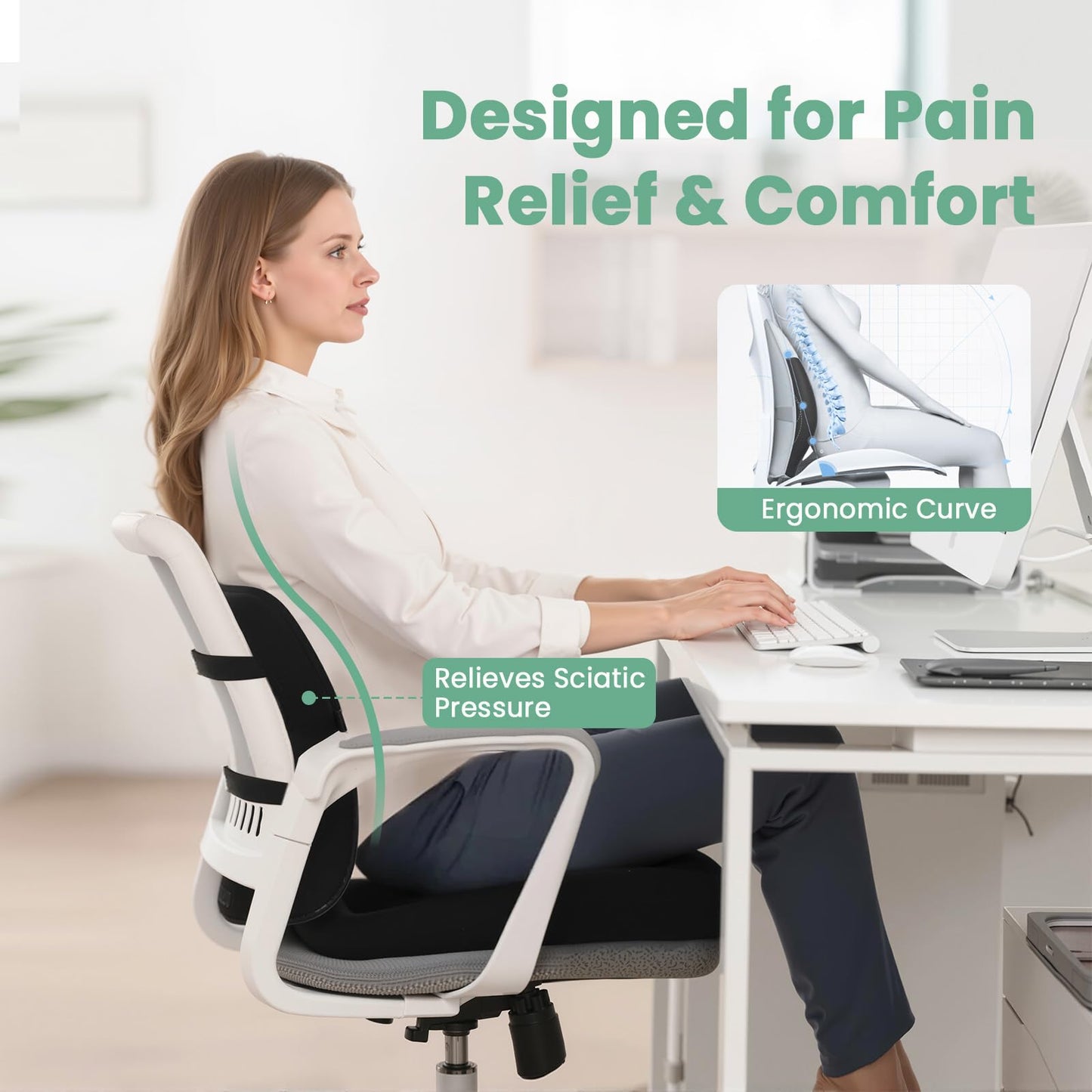 XSNDSENN Seat Cushion and Lumbar Support Pillow for Office Chair, Wheelchair, Memory Foam Coccyx Cushion for Sciatica Tailbone Pain Relief, Back Support for Car Chairs, Desk Chair