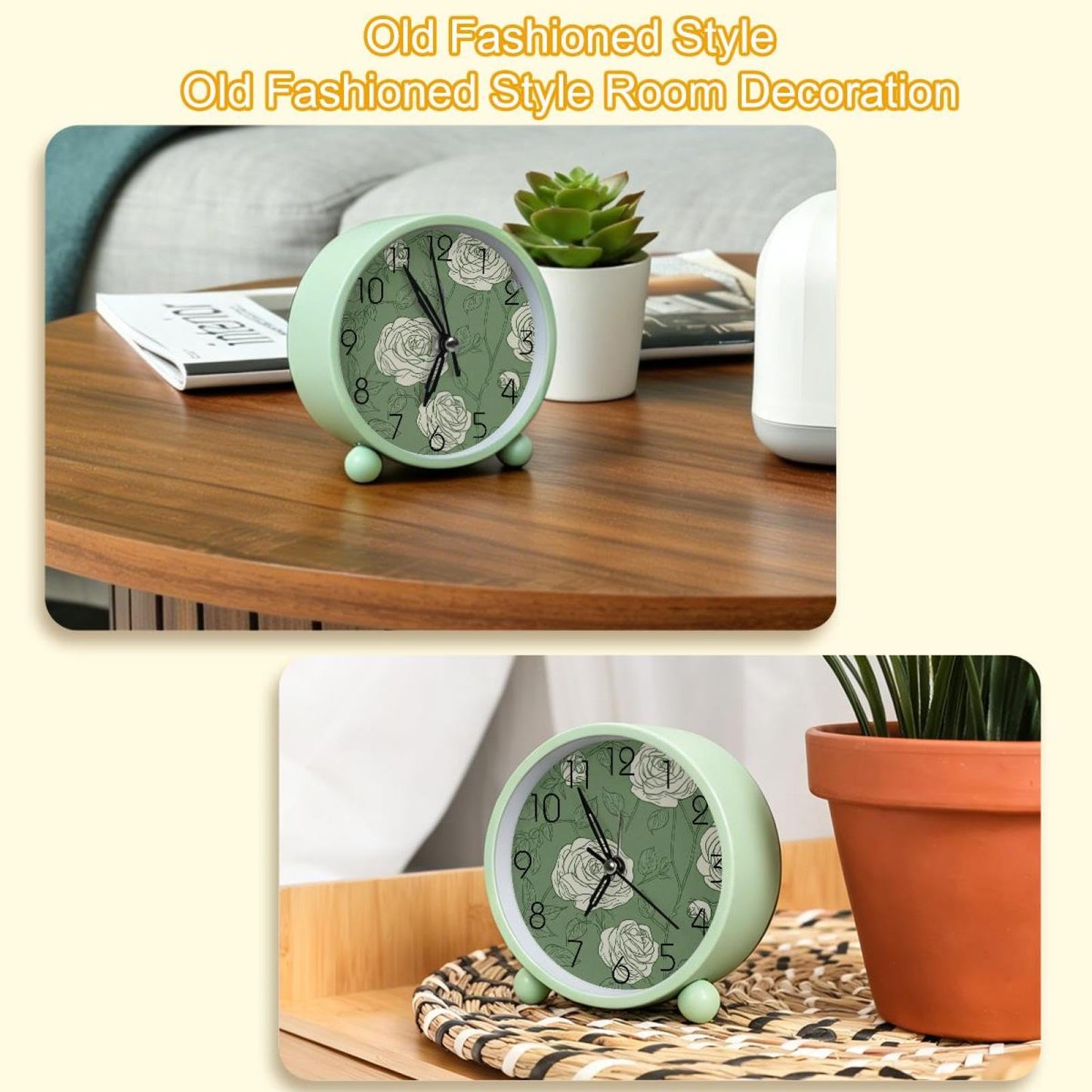 IROLSKDNFH 4.3" Analog Alarm Clock, Silent Non Ticking Table Clock with Light, Battery Operated for Living Room Bedroom Bedside Decor, Line Art Roses Sage Green Background