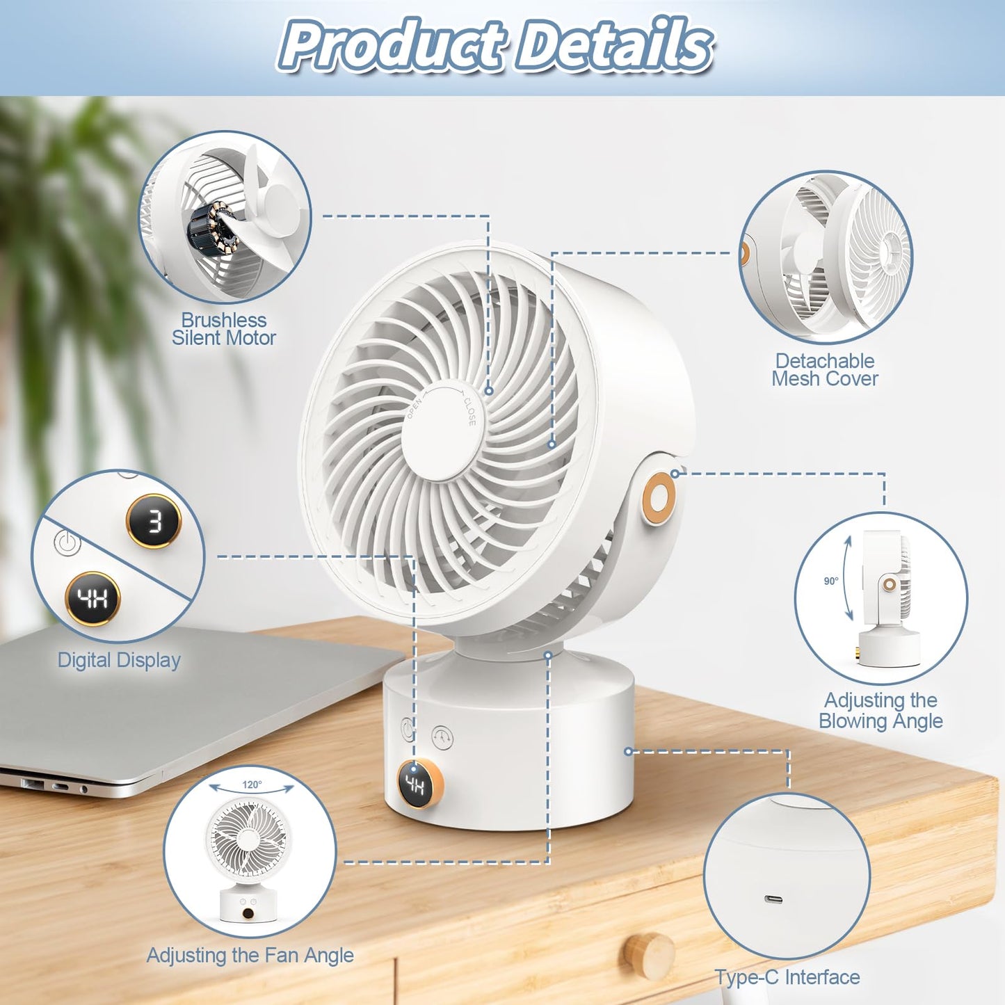 Yincook Desk Fan Small Oscillating for Bedroom, 9 Inch Quiet Desk Fan Air Circulator with 3 Speeds, 4H Timer, Rechargeable Desk Fan for Office/Dorm/Room-White