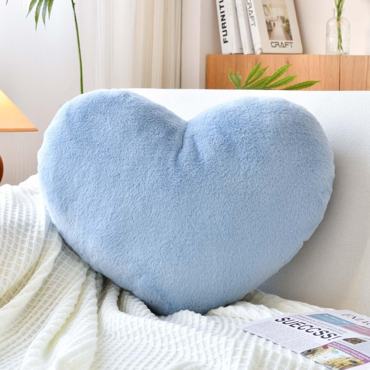 XVTRU Dusty Blue Heart Pillows, Cute Heart Decorative Pillow, Heart Shaped Throw Pillows for Bed, Faux Rabbit Fur Plush Hoom Decor Pillow Cushion for Chair Sofa Living Room (Medium-15.7"x11.8")