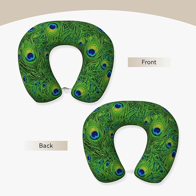 Neck Pillow Memory Foam Chin Cushion with Breathable Cover Animal Beautiful Peacock Feather Green, Cute Airplane Car Pillows for Office Head Pain Relief