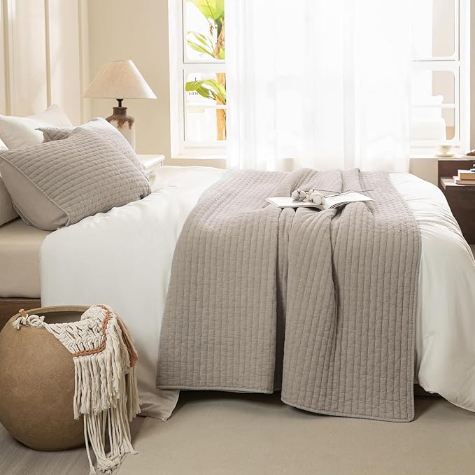 Sanracie Stonewashed Cotton Coverlet Oversized King(102"x118"), Linen Colored Cross Stitch Pattern Quilt Sets 3Pcs Ultra Soft Lightweight Crinkle Bed Coverlet Set for All Season