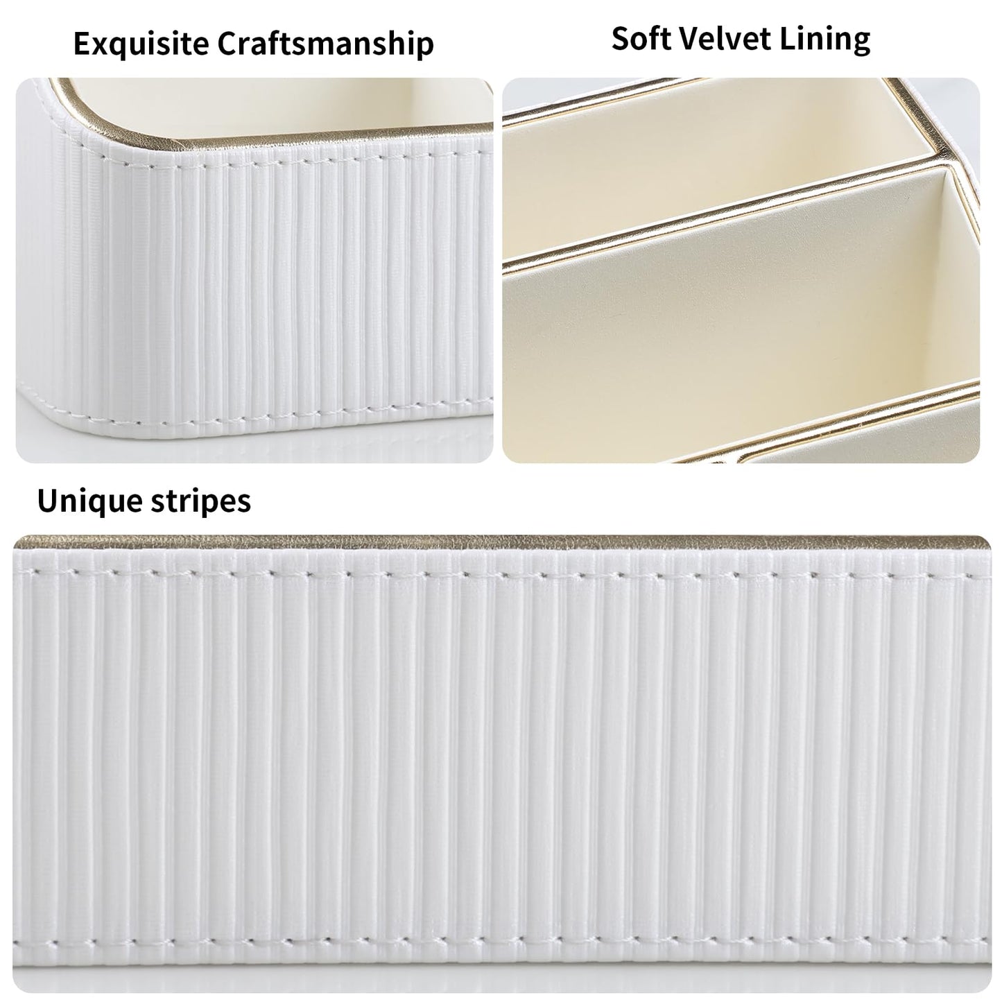 Cretkhp Remote Control Holder with 4 Compartments, PU Leather Small Nightstand Organizer for Home Desk Accessories Office Supplies, Multifunctional Stylish Small Bedside Desktop Organizers (White)