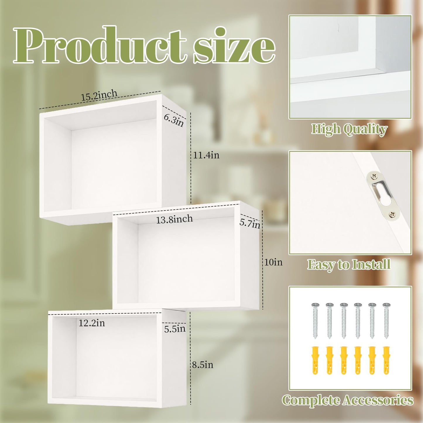 Novabright White 3 Set Floating Cube Shelves Wall Mounted Rustic Wood Square Storage Box Shelves Hanging Storage for Bathroom Decor Farmhouse Wall Toilet Living Room Kitchen Bedroom Organizer