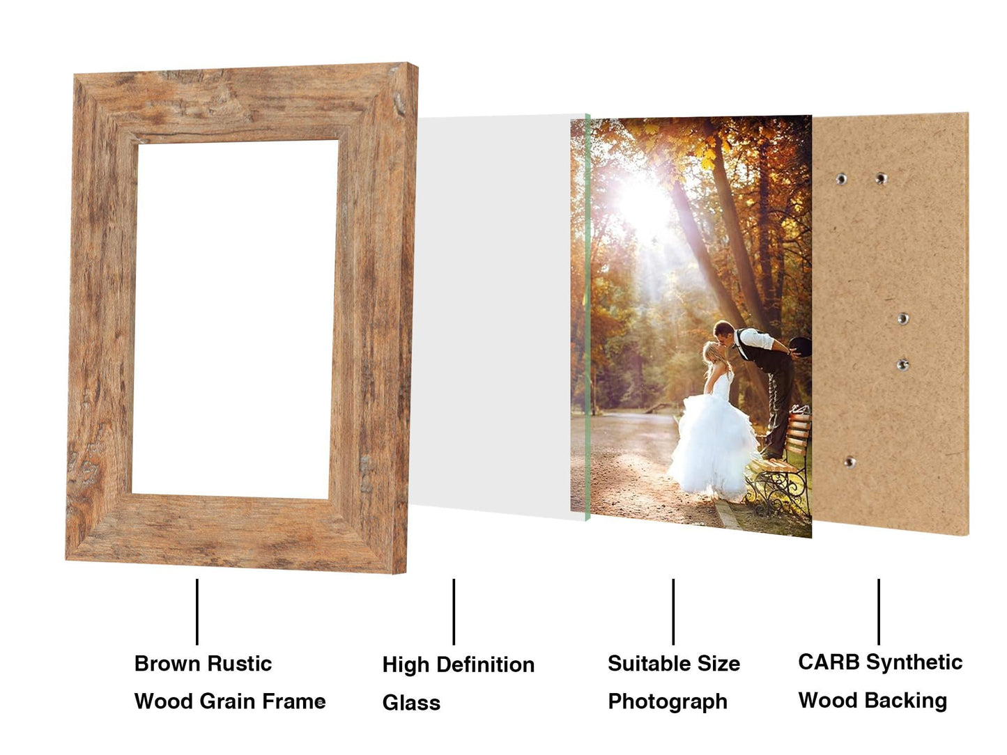 iRahmen 5x7 Picture Frame Set of 4, High Definition Real Glass Rustic Brown Frame, 5 x 7 Wood Photo Frames for Tabletop Display and Wall Mounting