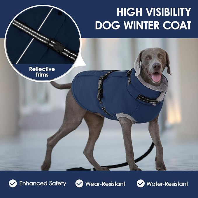 AOFITEE Dog Coat for Large Dogs, Warm XL Dog Jacket Winter, Pet Winter Coat with Harness Built in, Fleece Lined Pet Puffer Jacket Reflective Waterproof Snowsuit for Extra Large Dogs, Blue XL